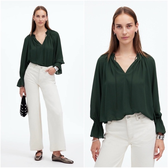 Madewell Blouse Long-Sleeve Tie-Neck Top Semisheer Luxury Forest Green M NWT New - Picture 1 of 12